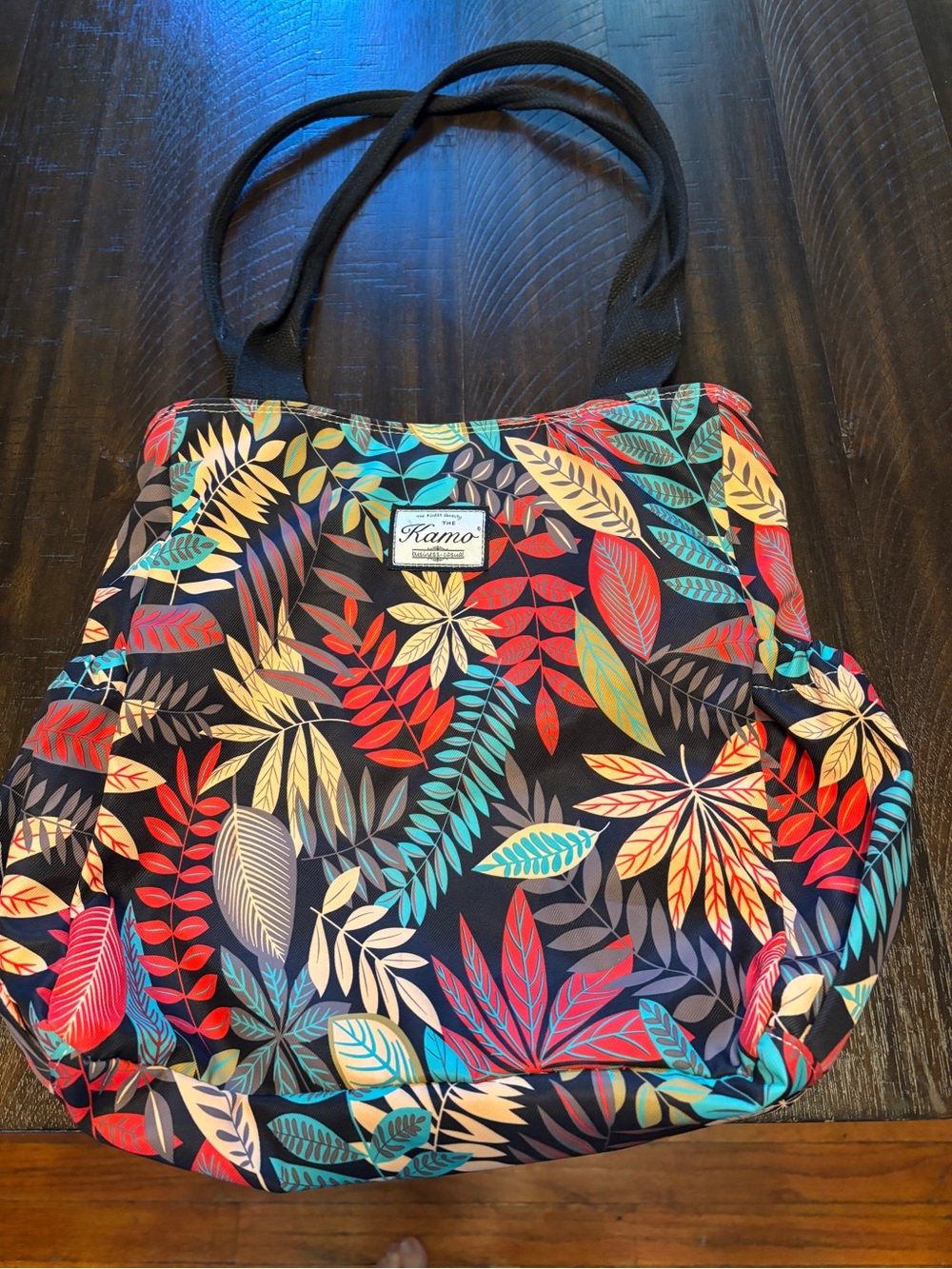 Kamo Floral Leaf Black Tote with Multicolor Leaves